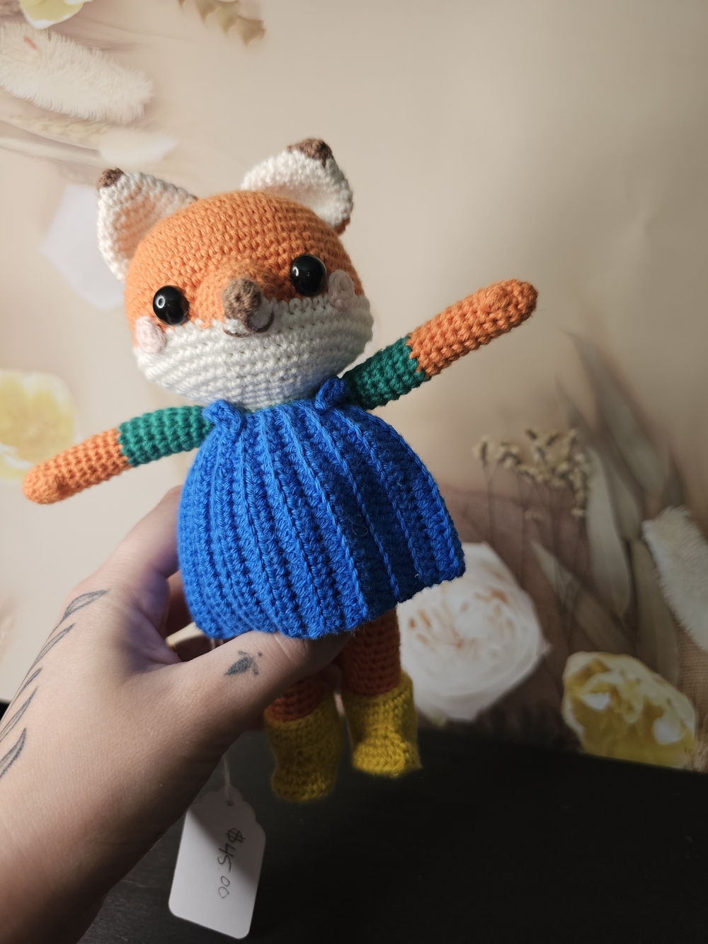 Handmade Crochet Fox Doll in Blue Dress - Kids Toy
